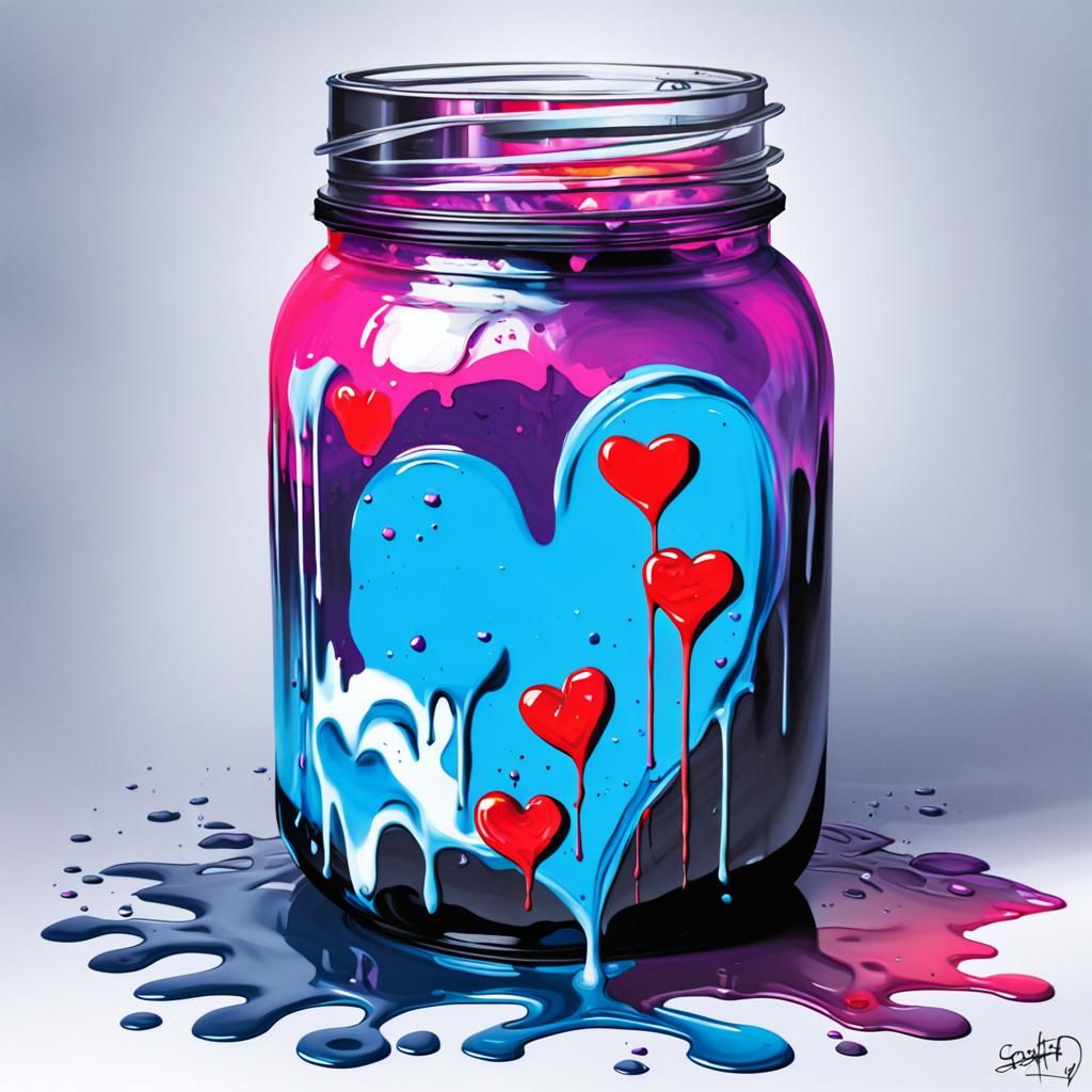 Glass Jar of Hearts in Graffiti Art Style