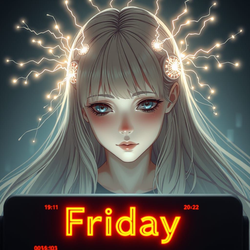 Girl Surrounded by Futuristic Lights and Wires