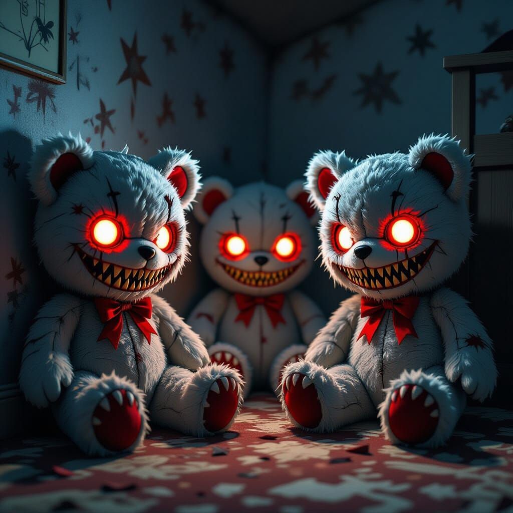 Menacing Stuffed Animals with Glowing Red Eyes