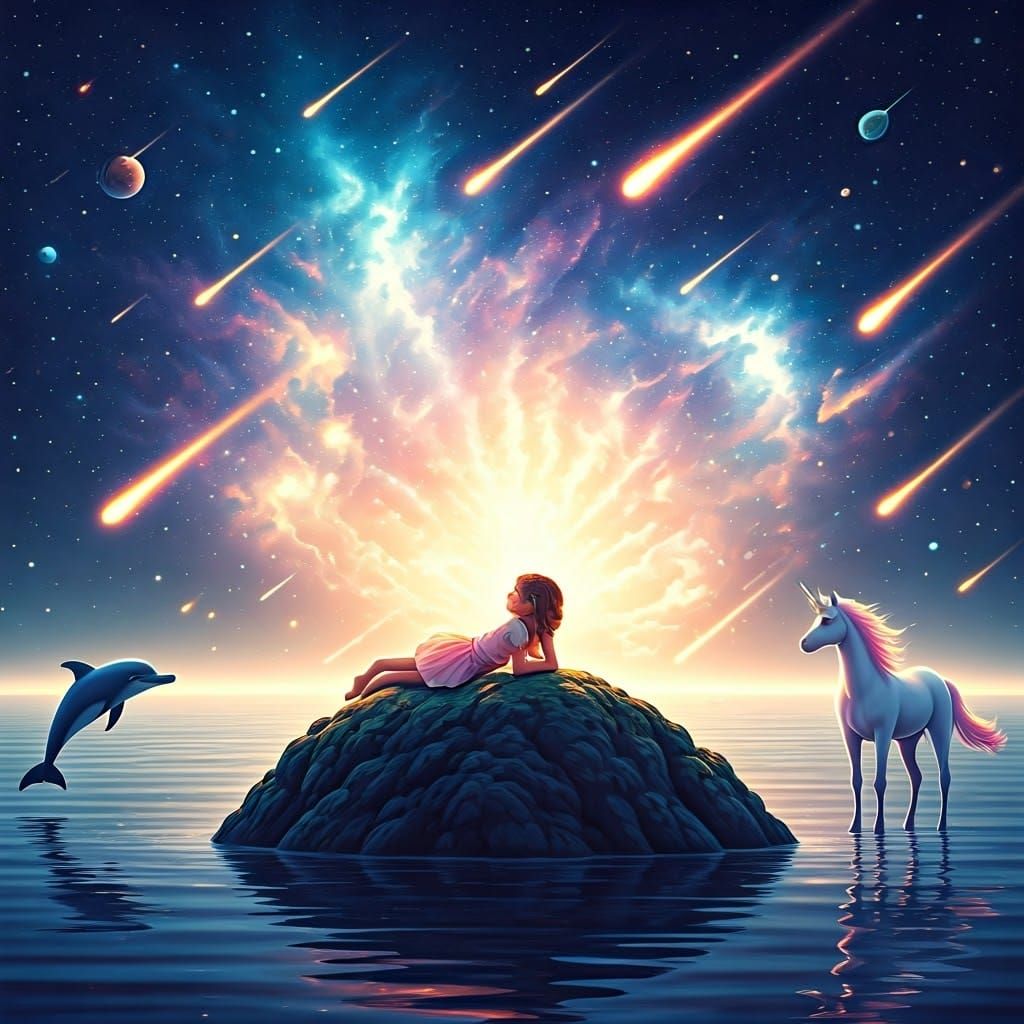 Dreamy Lake Scene with Unicorn and Galaxy