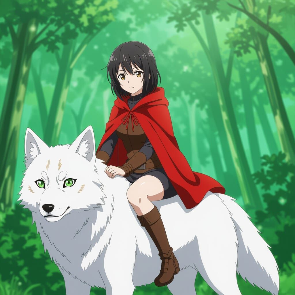 Anime Woman Rides Large Wolf in Forest