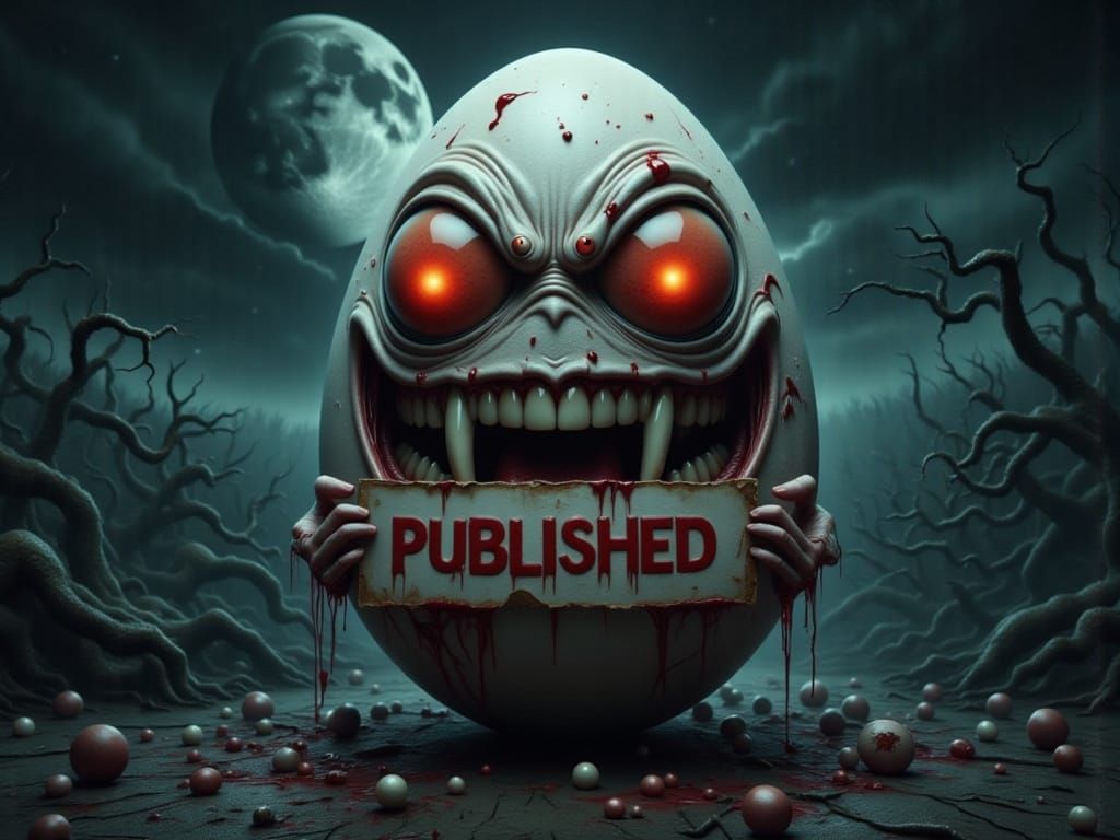 Vampire Egg with Bloody Fangs, Published Sign at Night