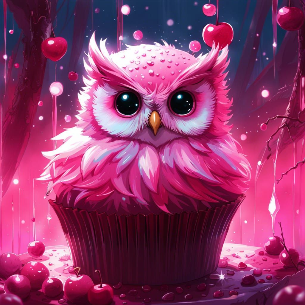 Chibi Owl Cupcake on Bioluminescent Cherry Field