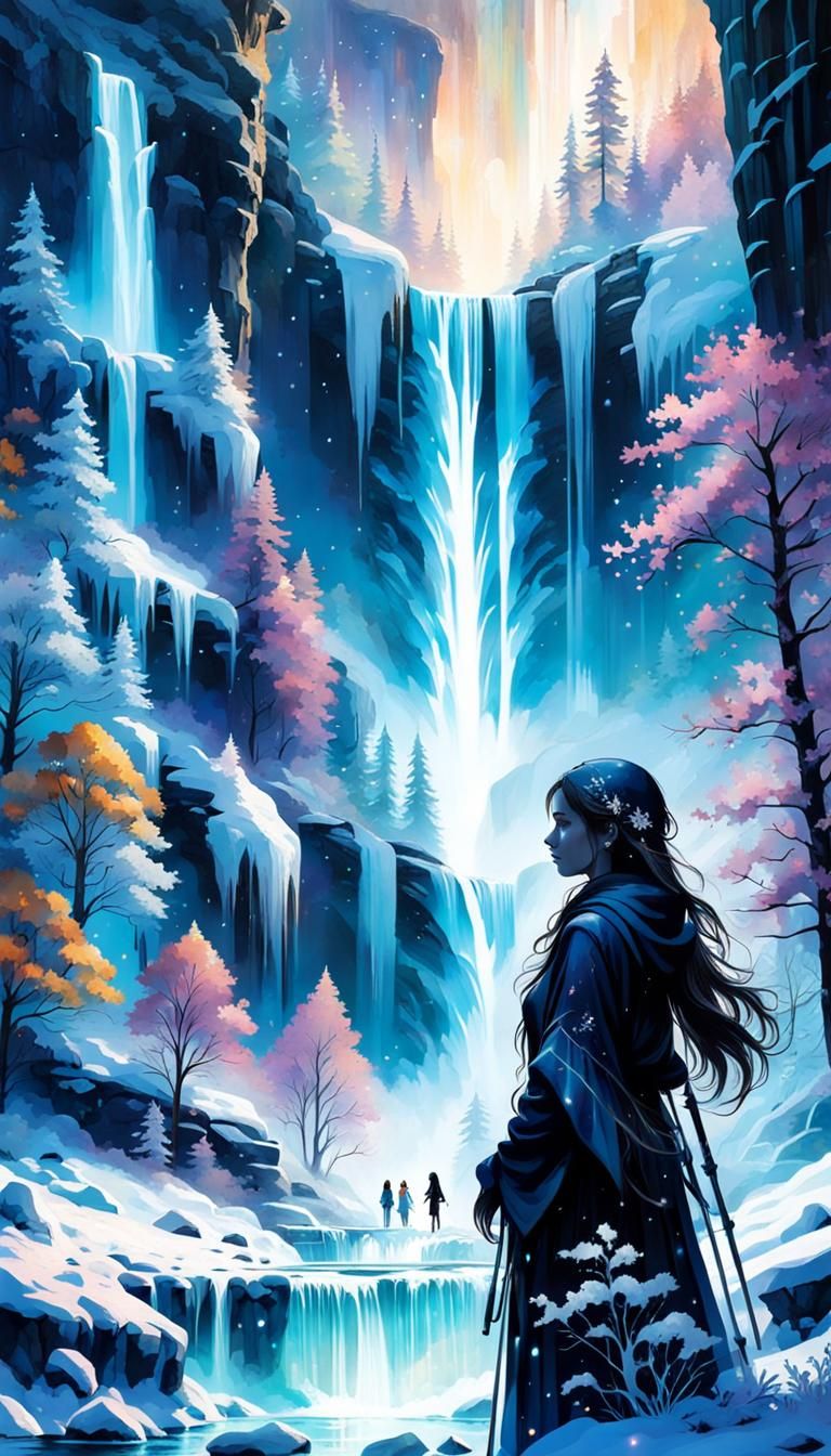 Opalescent Waterfall Scene with Girl Silhouette