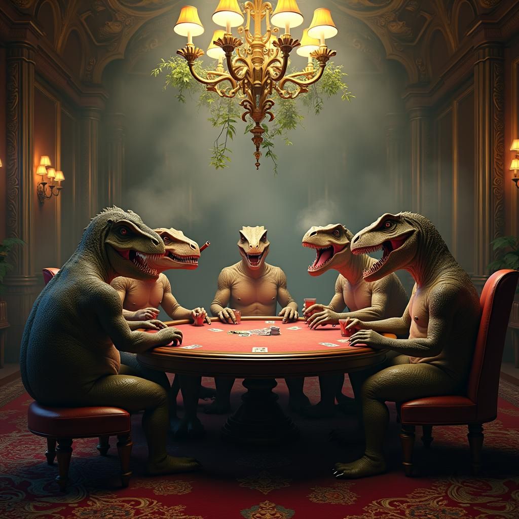 Dinosaurs Play Poker in Opulent Victorian Lounge