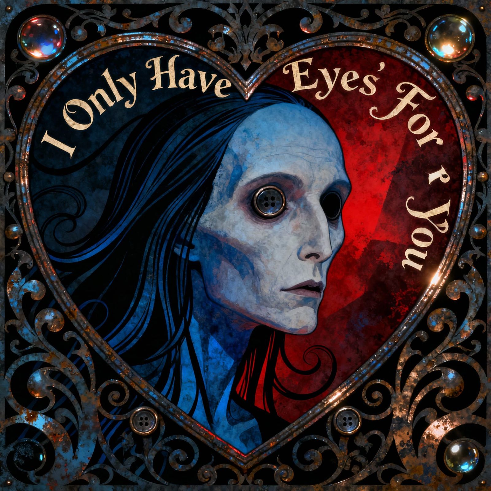 Pale Man Heart with Folklore Eyes, Dark Metallic Tones