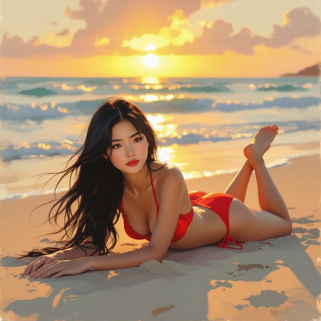Asian Girl in Red Bikini at Sunset Beach