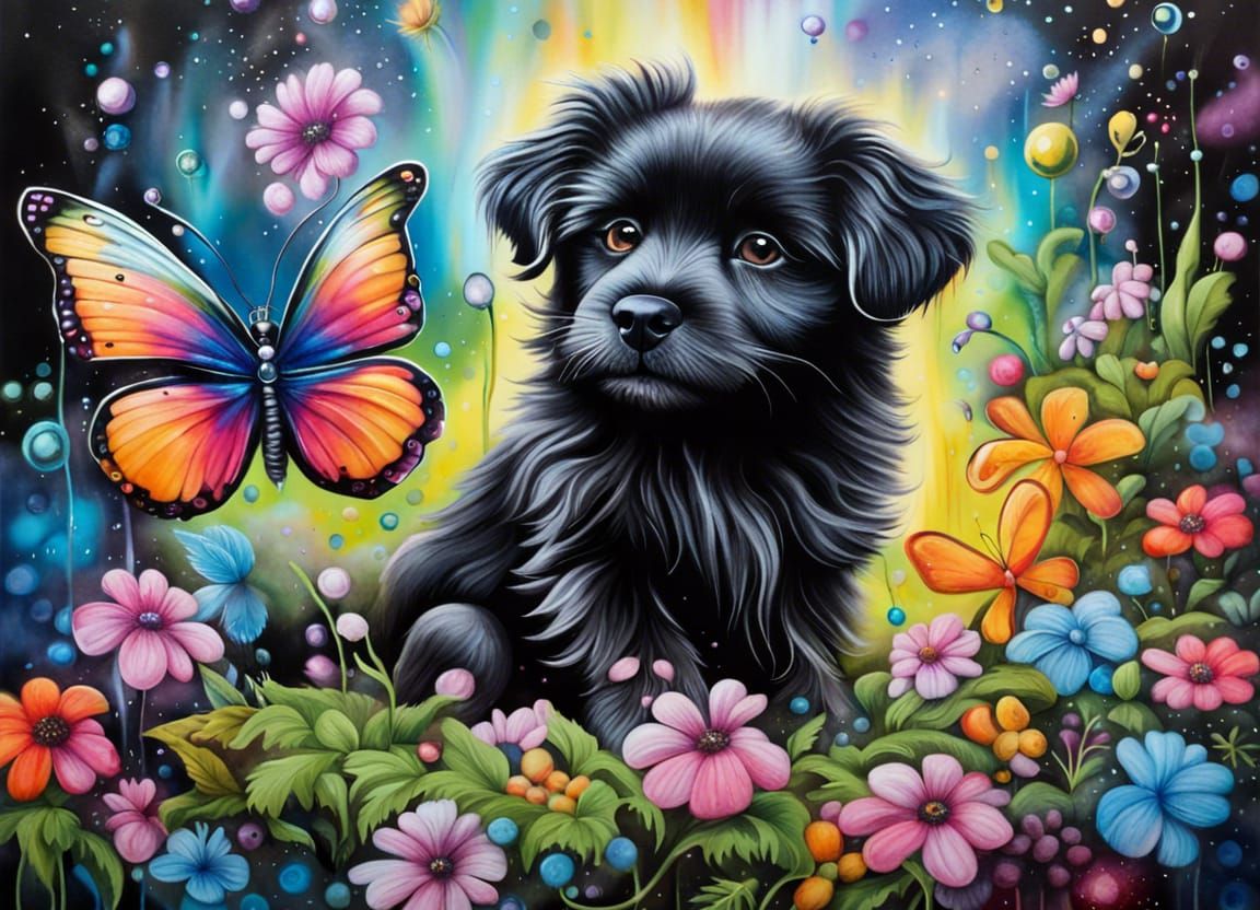 Fluffy Black Puppy in Enchanted Garden: Hyperrealistic Graff...