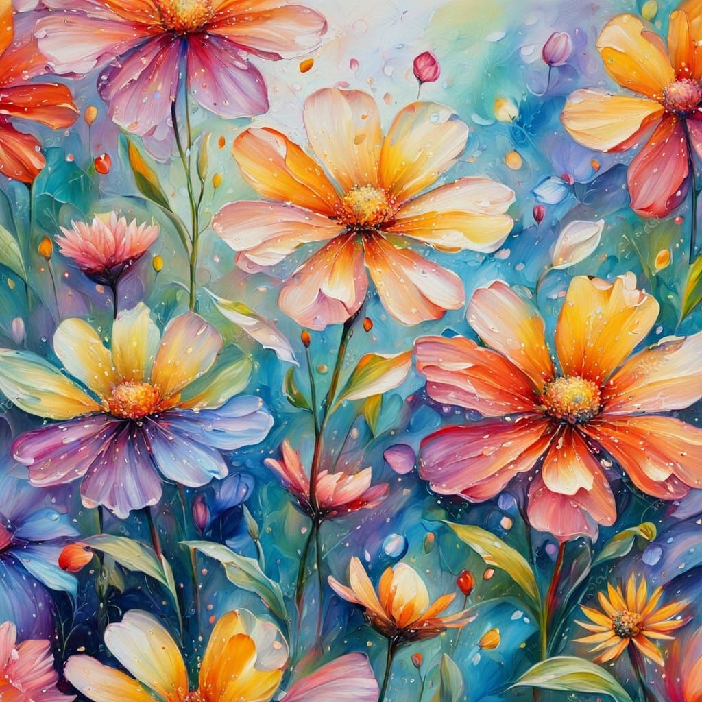 Rainbow Flowers Bloom in Impressionistic Oil Painting