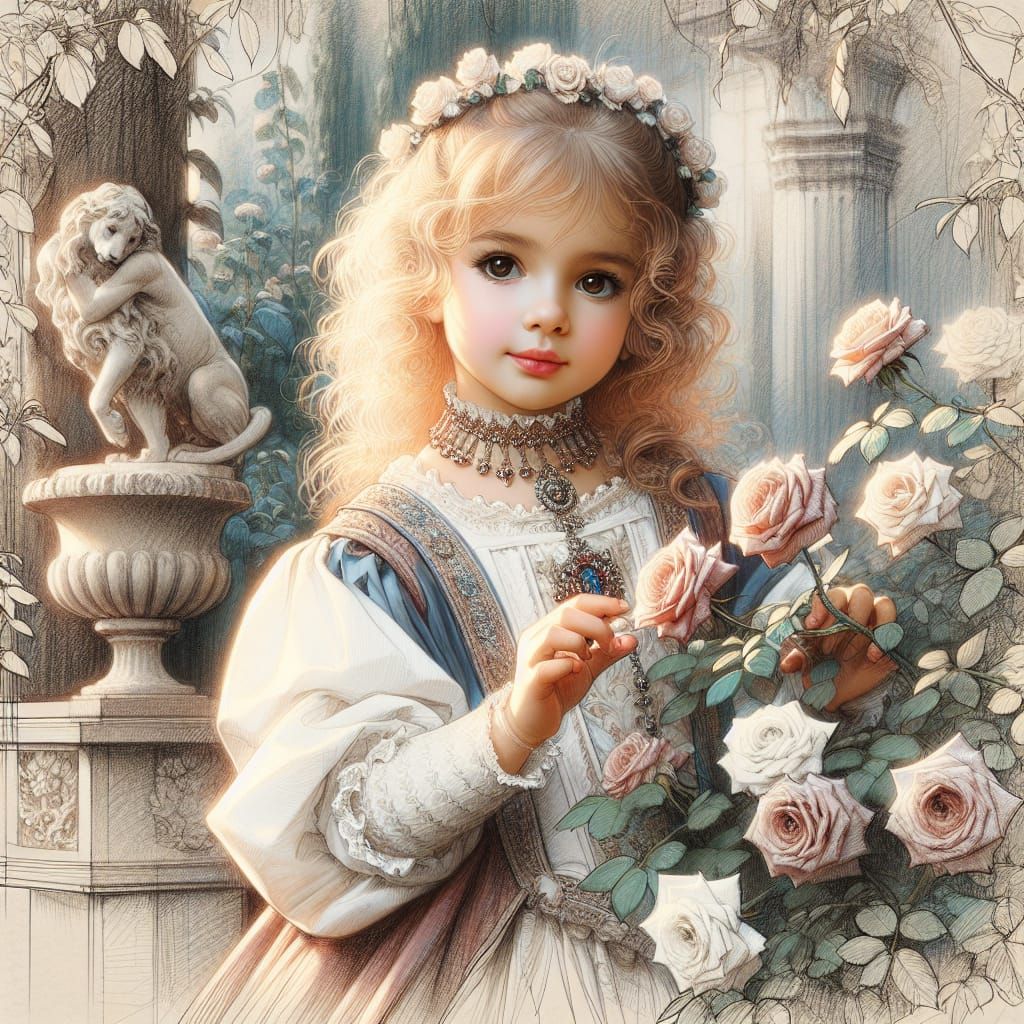 Italian Girl in Renaissance Garden: Art Nouveau Portrait