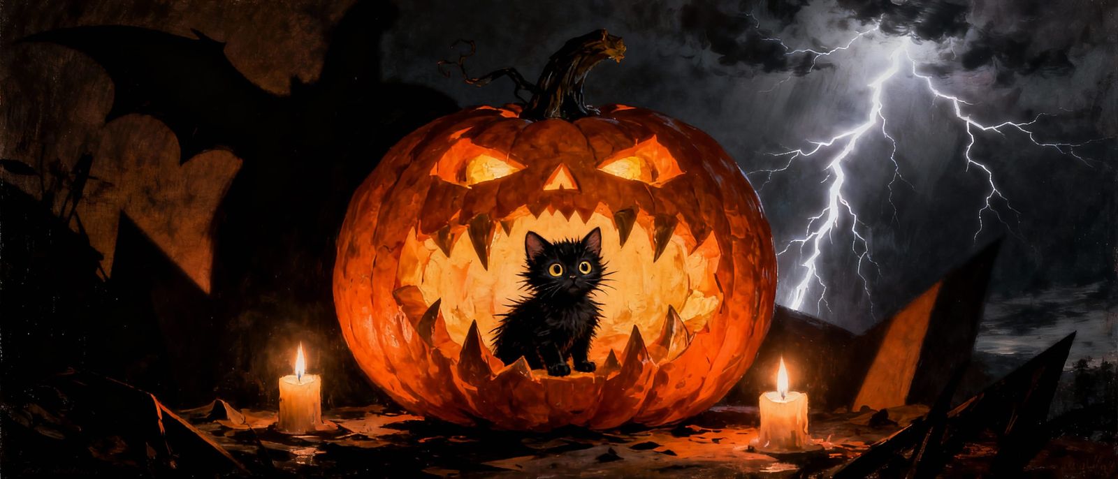 Goya-Inspired Black Kitten on Jack-o'-Lantern Throne