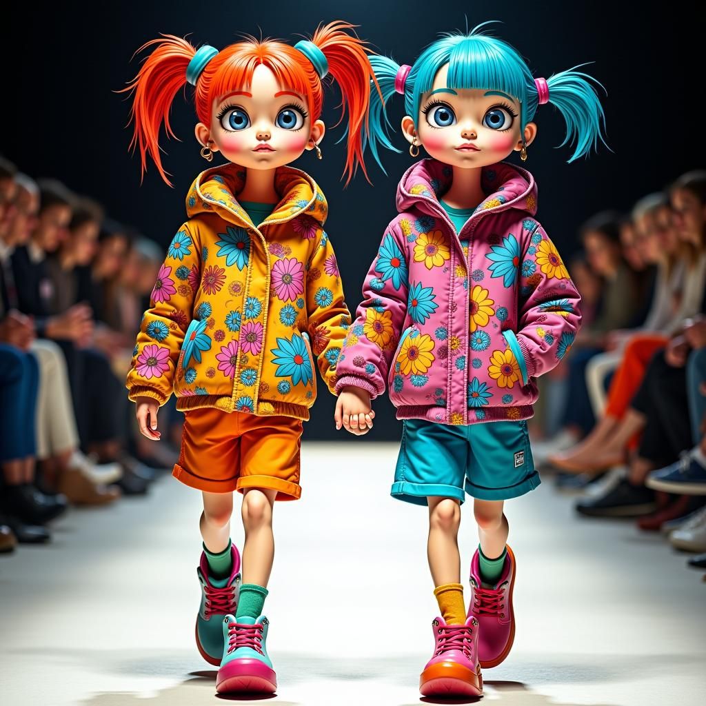 Female Twins at NYFW in Rugrats Cartoon Style