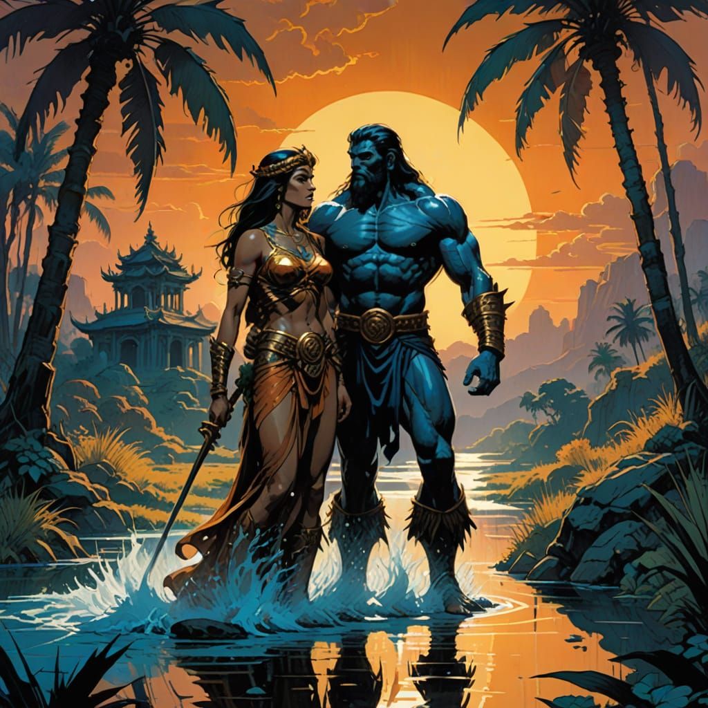 Epic Comic Style Enki and Ninhursag in Intimate Water Landsc...