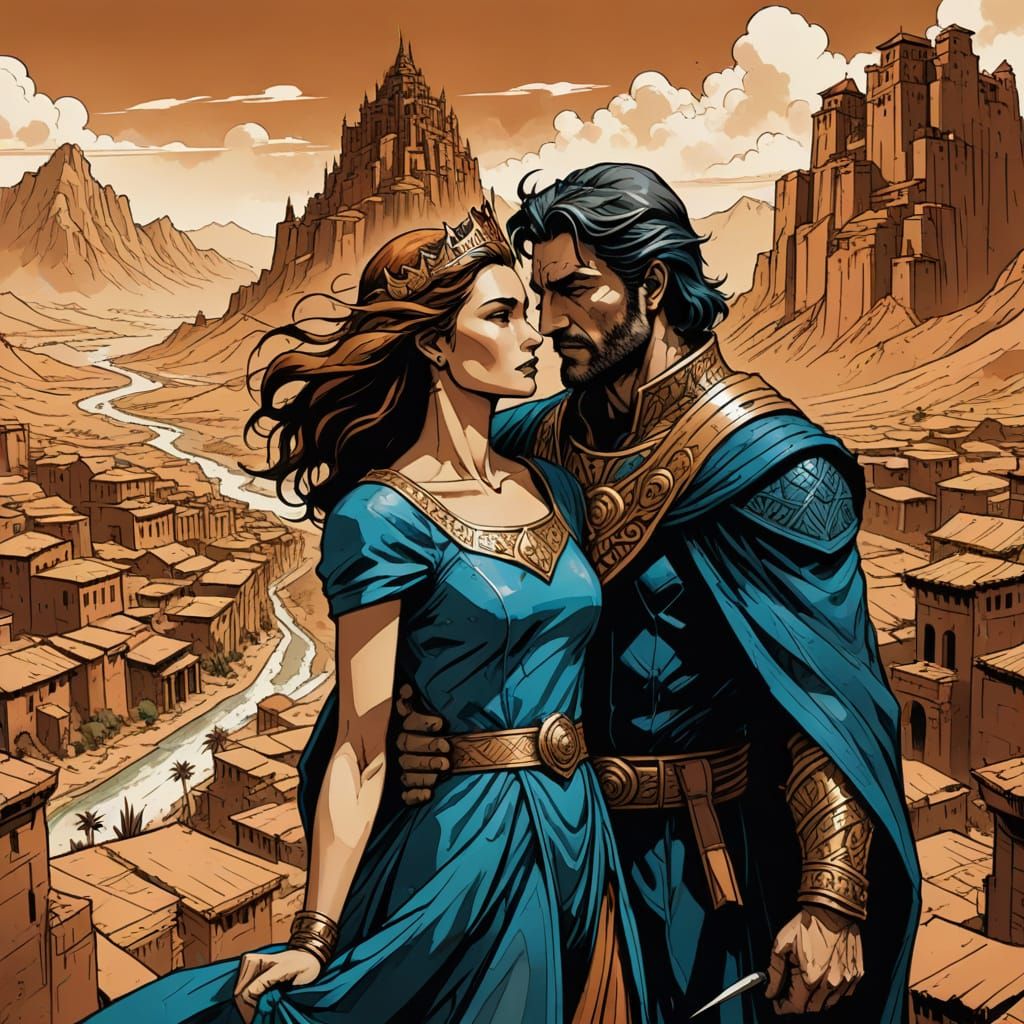 Epic Comic Style Illustration of Enki and Ninhursag in a Vib...