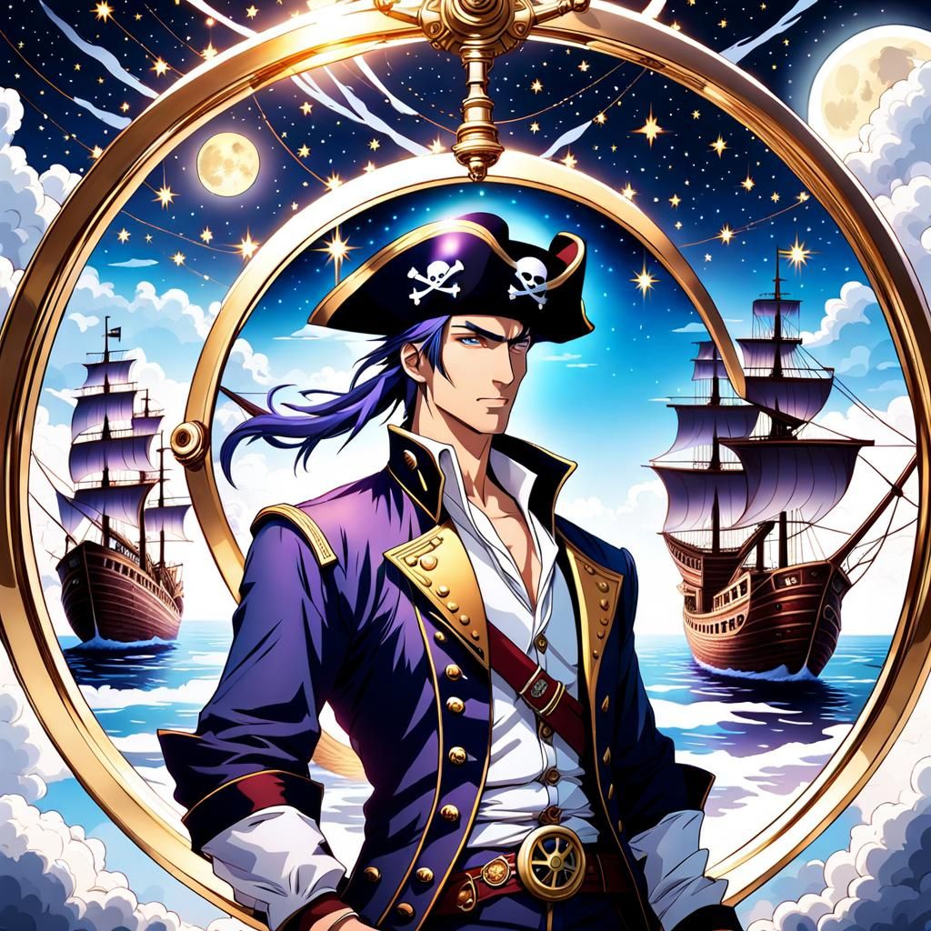 Steampunk Anime Pirate Under Starry Moonlit Sky