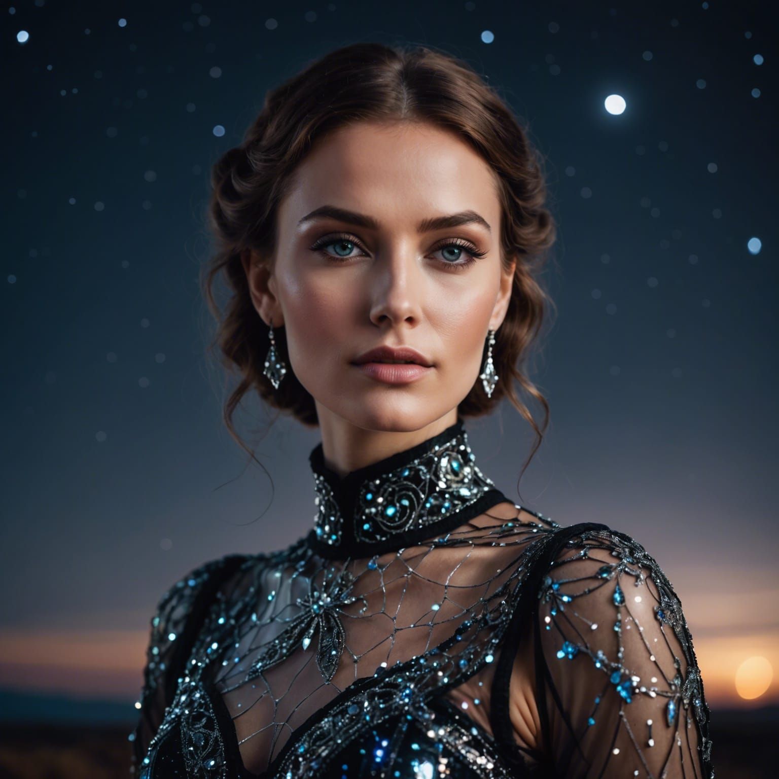 Glass Dress Portrait Against Dazzling Night Sky