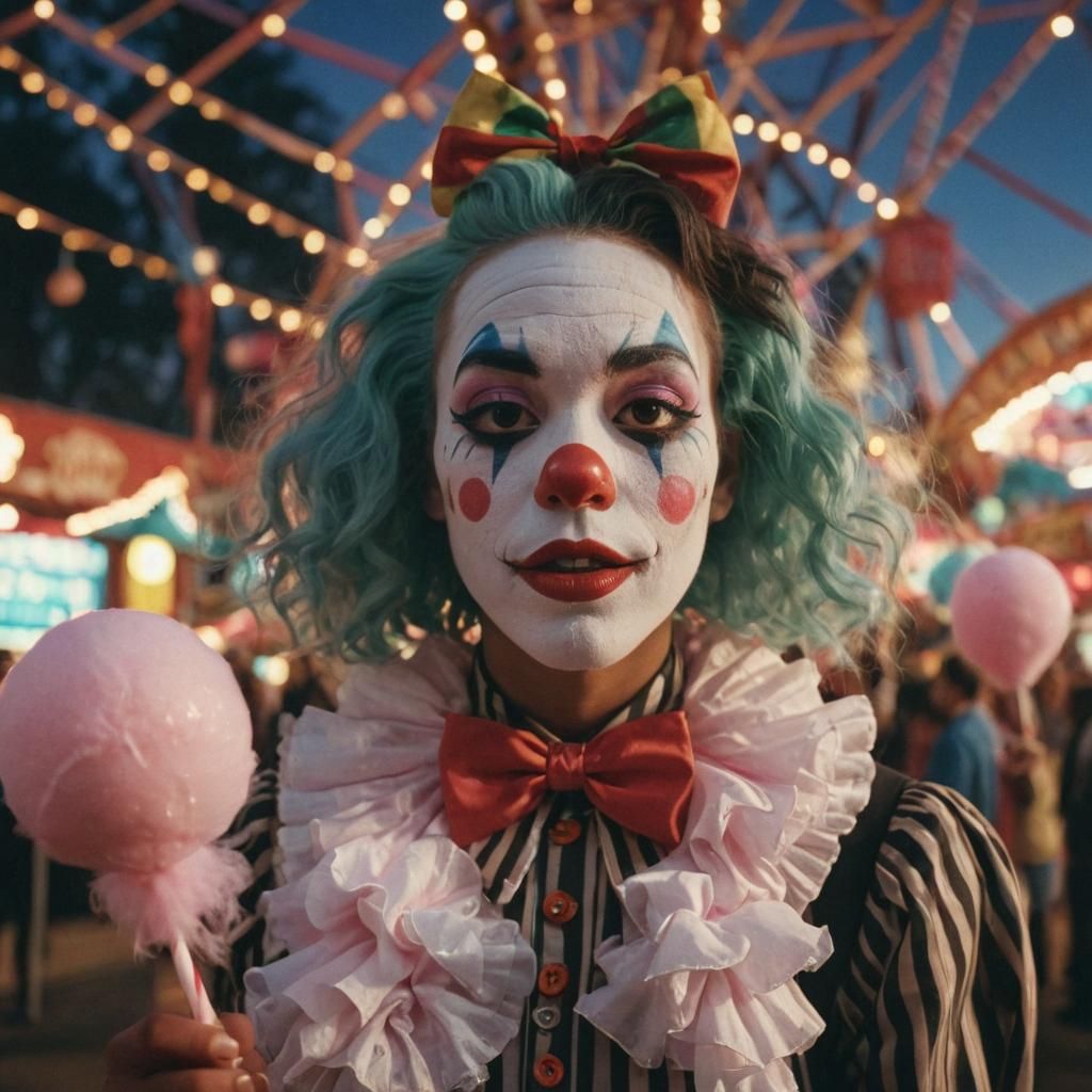 Vintage Clown Enjoys Cotton Candy in Carnival: Film Still