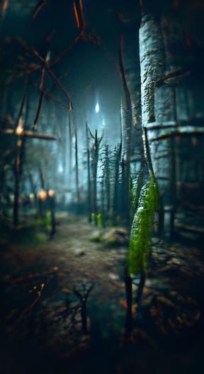 Terrifying Cursed Forest in Dark Matte Painting Style