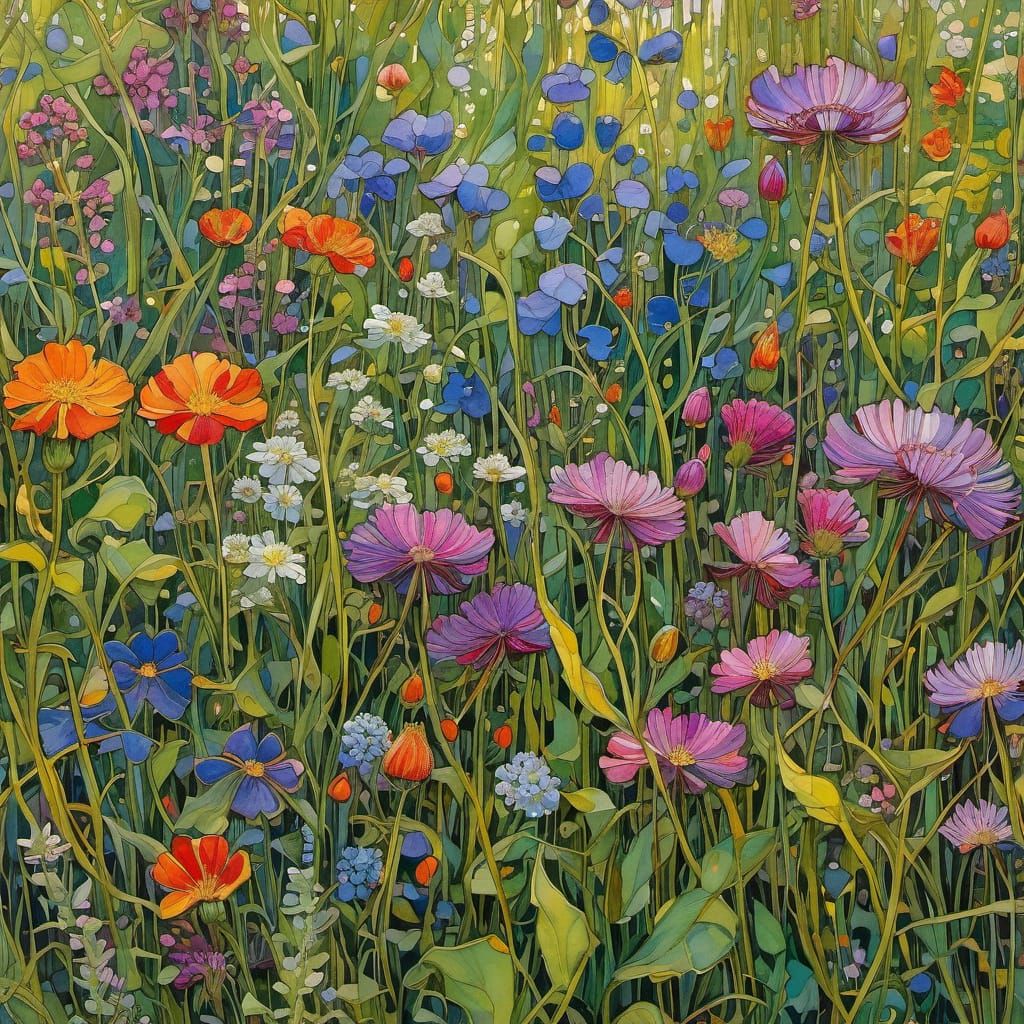 Wildflower Field Art Nouveau Watercolour Painting