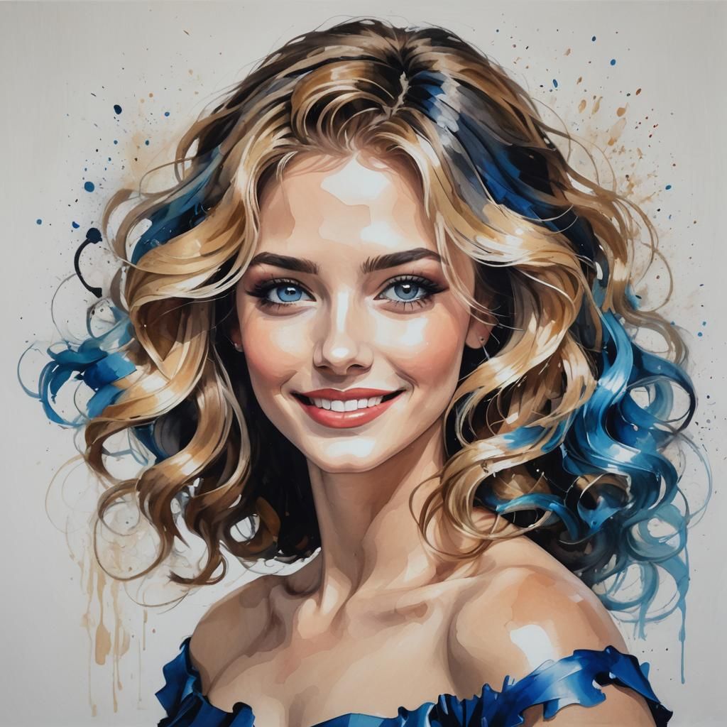 Blonde Woman Portrait with Smiling Expression in Oil Paintin...
