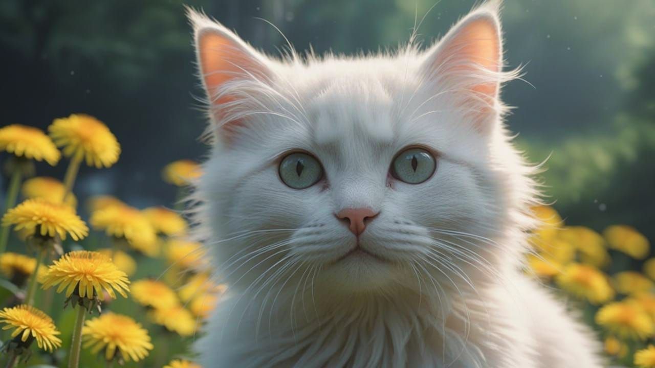Adorable Kitten in Misty Forest River at Sunrise