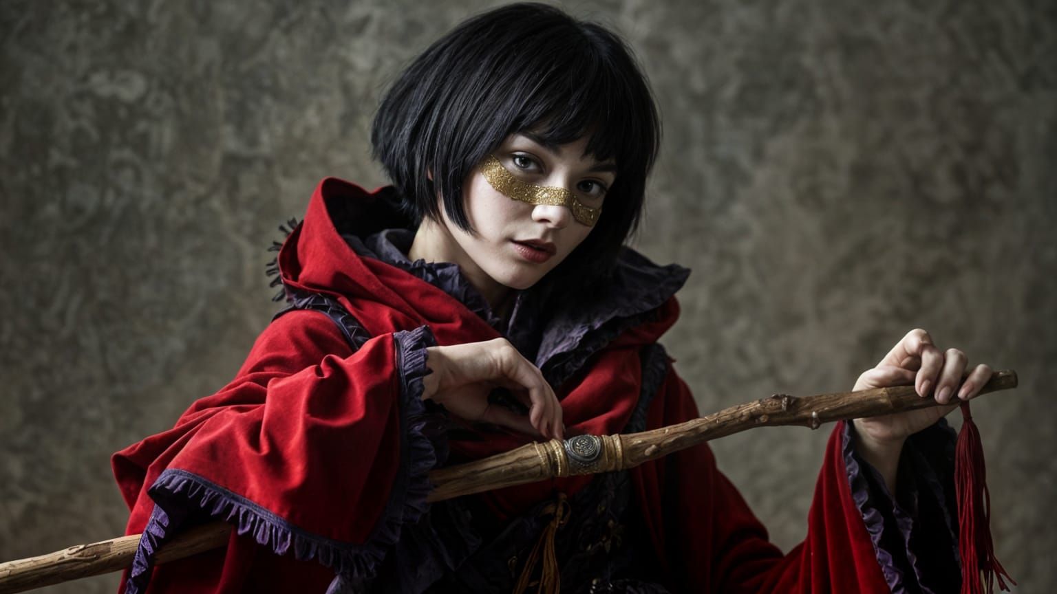 Woman in Crimson Robes with Porcelain Mask