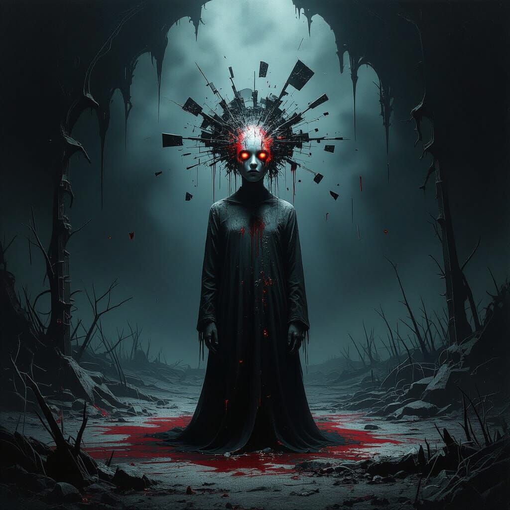 Macabre Figure in Shadowy, Surrealist Nightmare