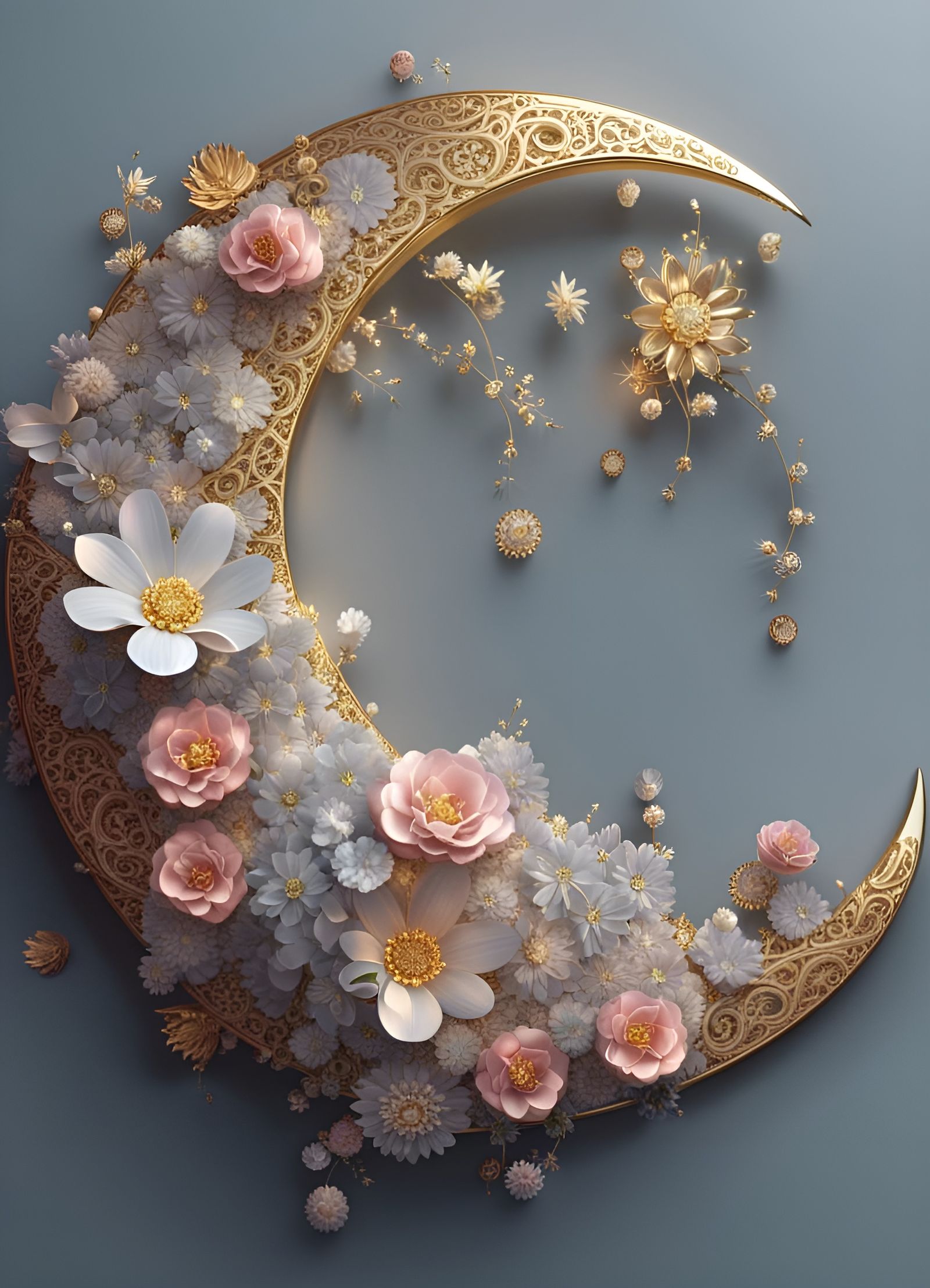 Crystal Moon with Gold Filigree and Flowers