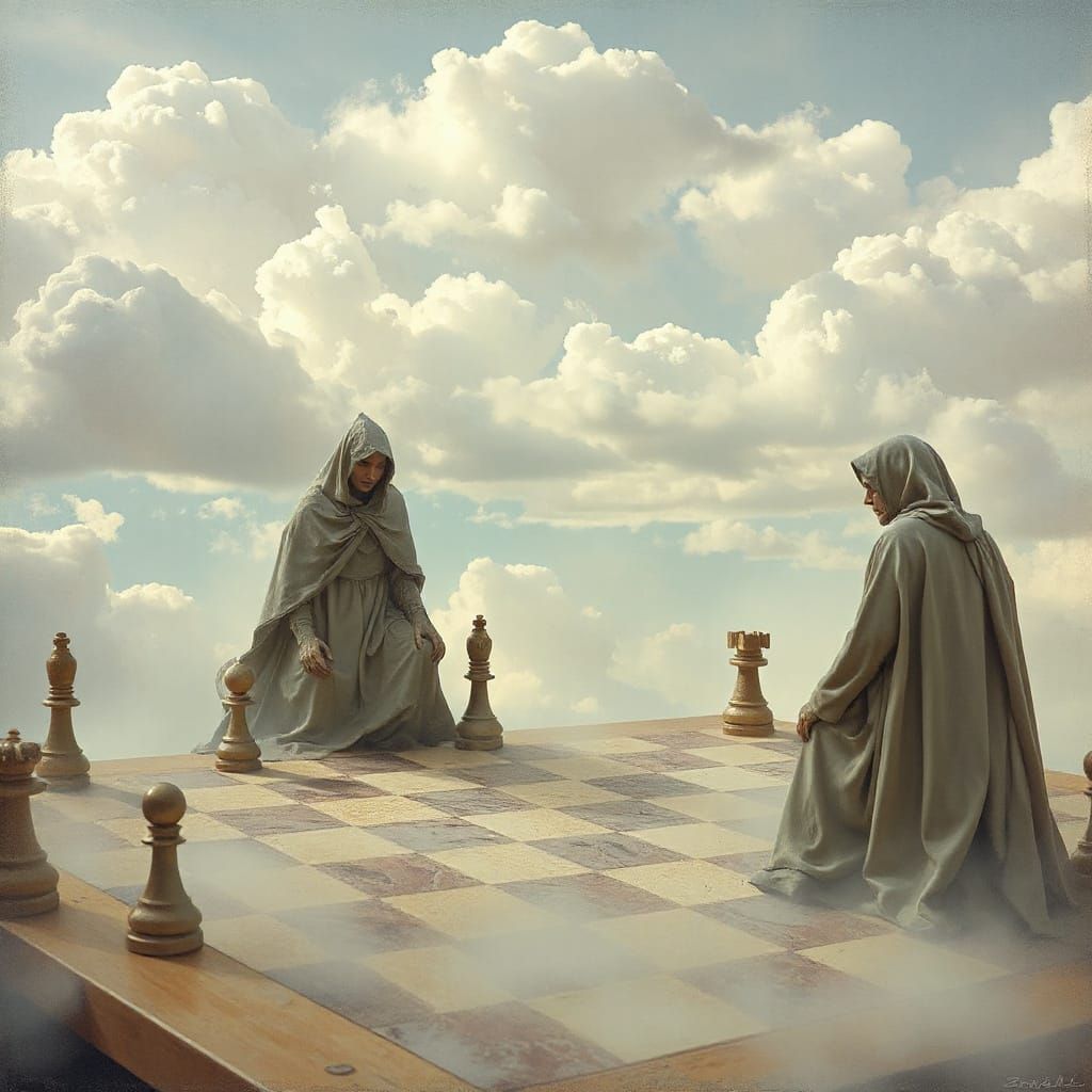 Ethereal Figures Contemplate Chess in Dreamy Cloudscape