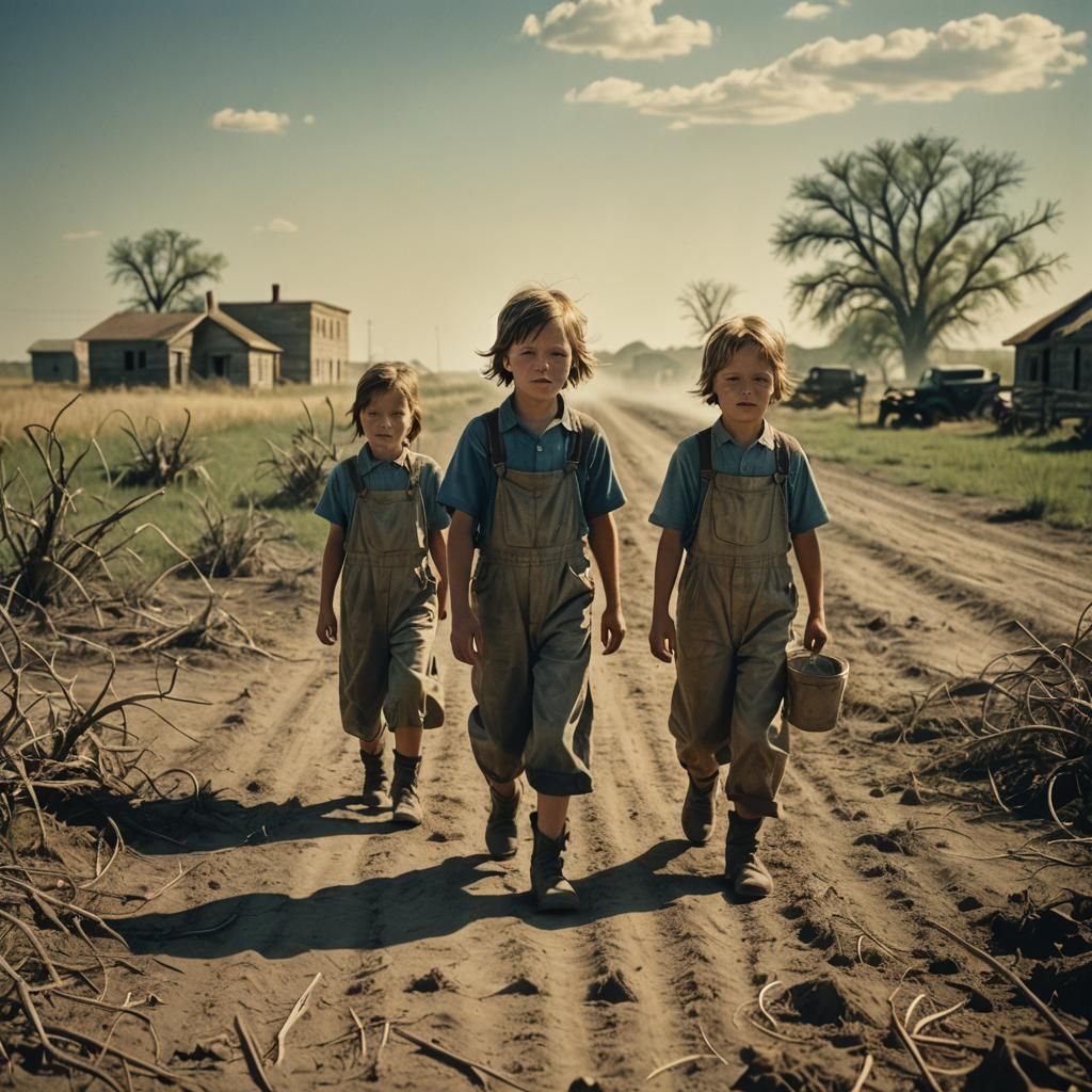 Dust Bowl Children in Kansas Plains: Cinematic Film Still