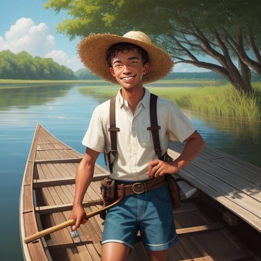 Young Boy on Raft in Vibrant Oil Painting Style