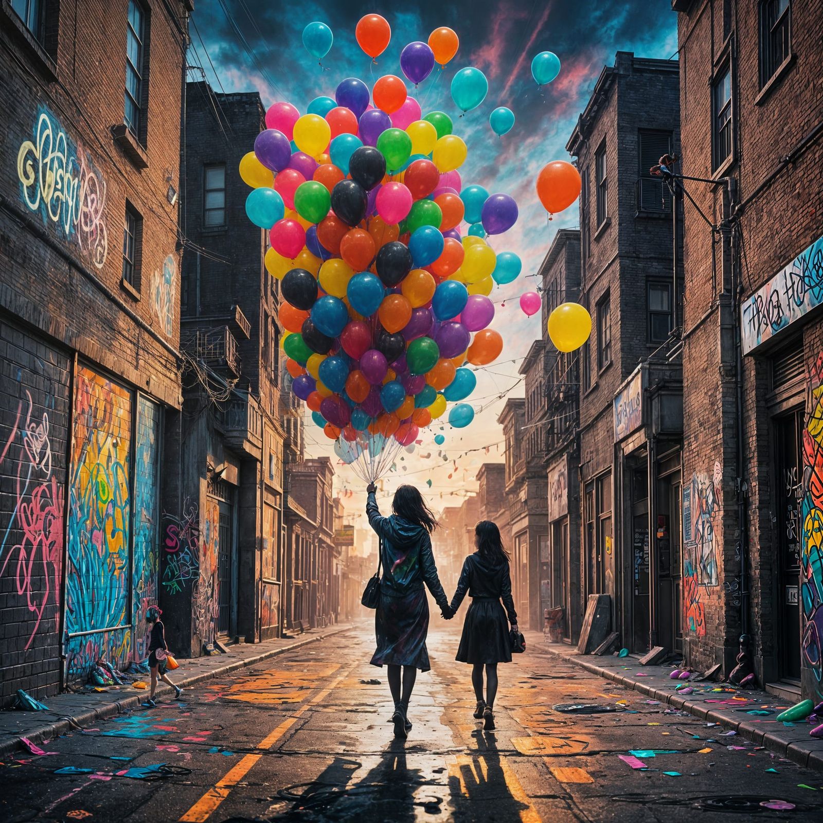 Silhouette Releasing Balloons at Sunset in Graffiti Style