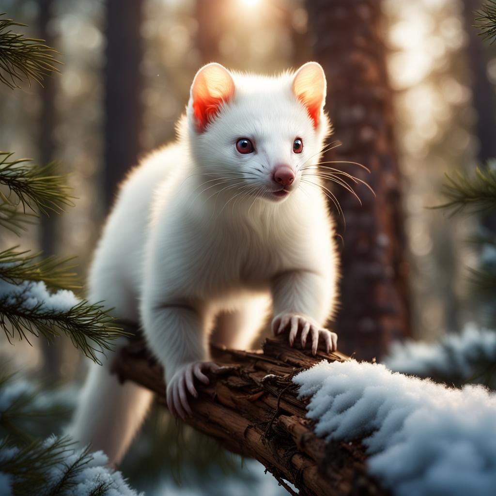 Albino Pine Marten Leaps in Sunlight: Digital Painting