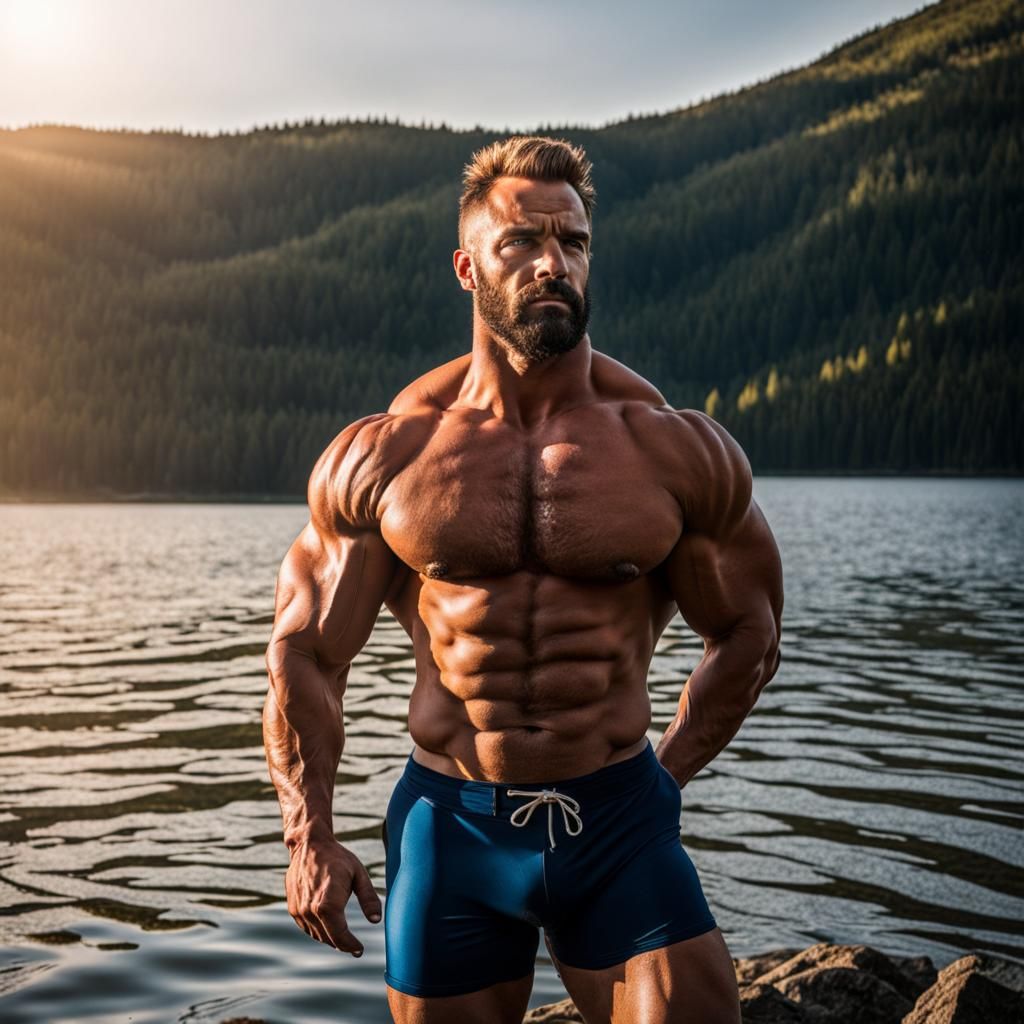 Muscular Bodybuilder Ready to Dive Into Lake
