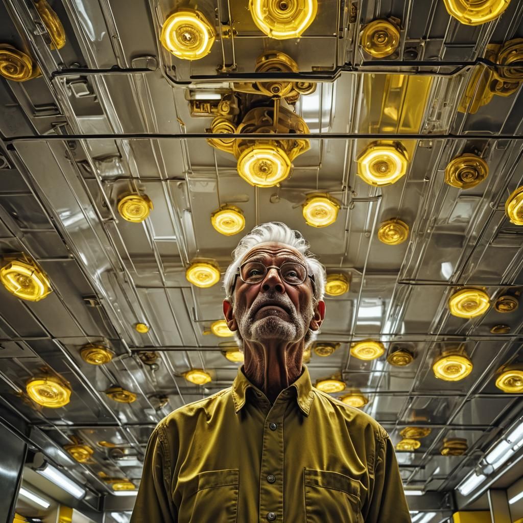 Old Man Gazing at Neon Figure in Garage