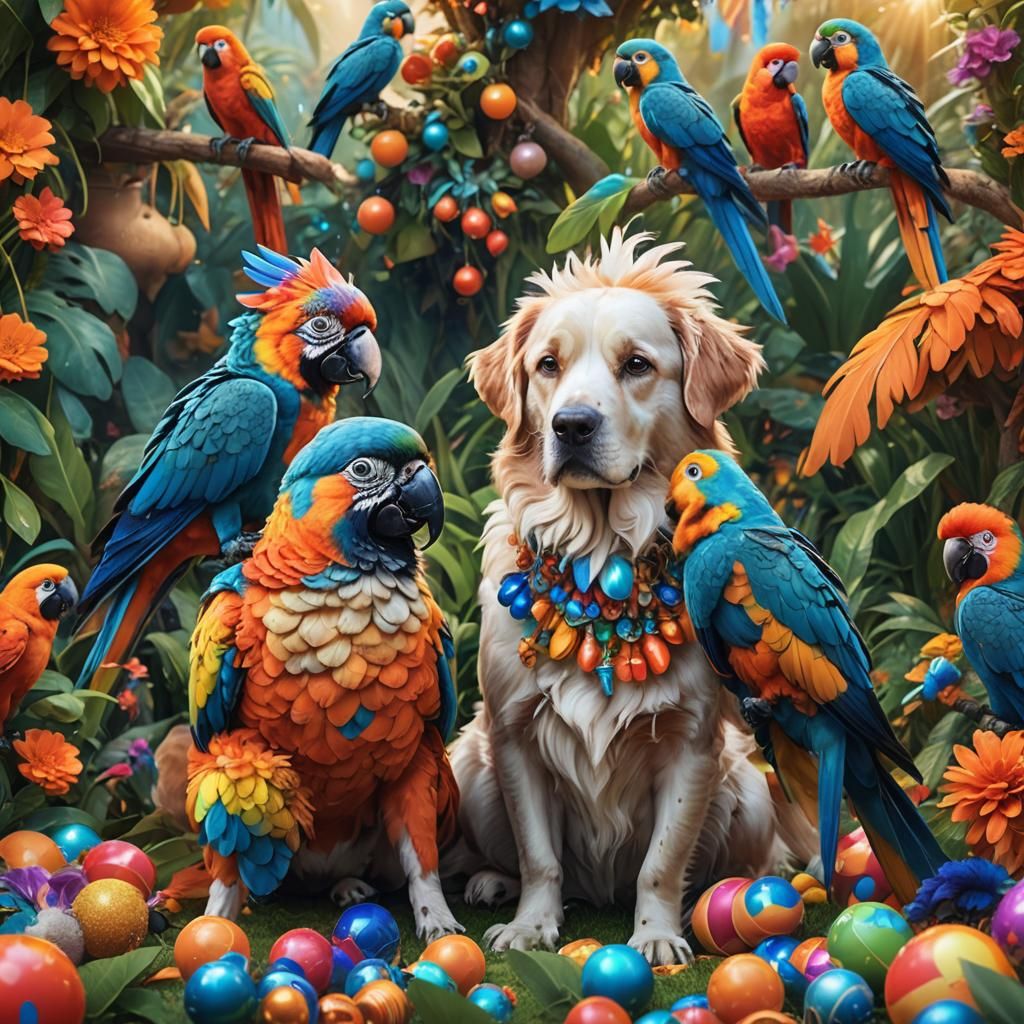 Dogs and Parrots in Fantasy Garden Concept Art