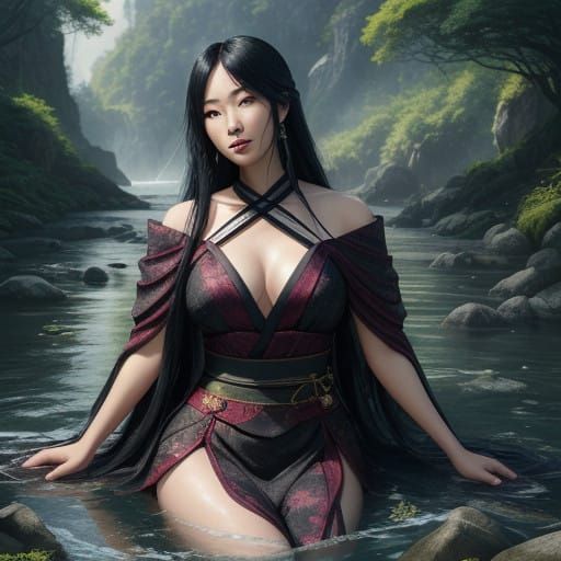 Sensual Japanese Pop Star in Lush River Landscape