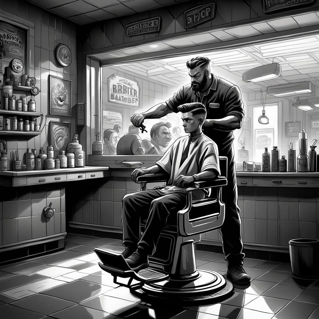 Barber Giving Boy Haircut in Comic Book Style