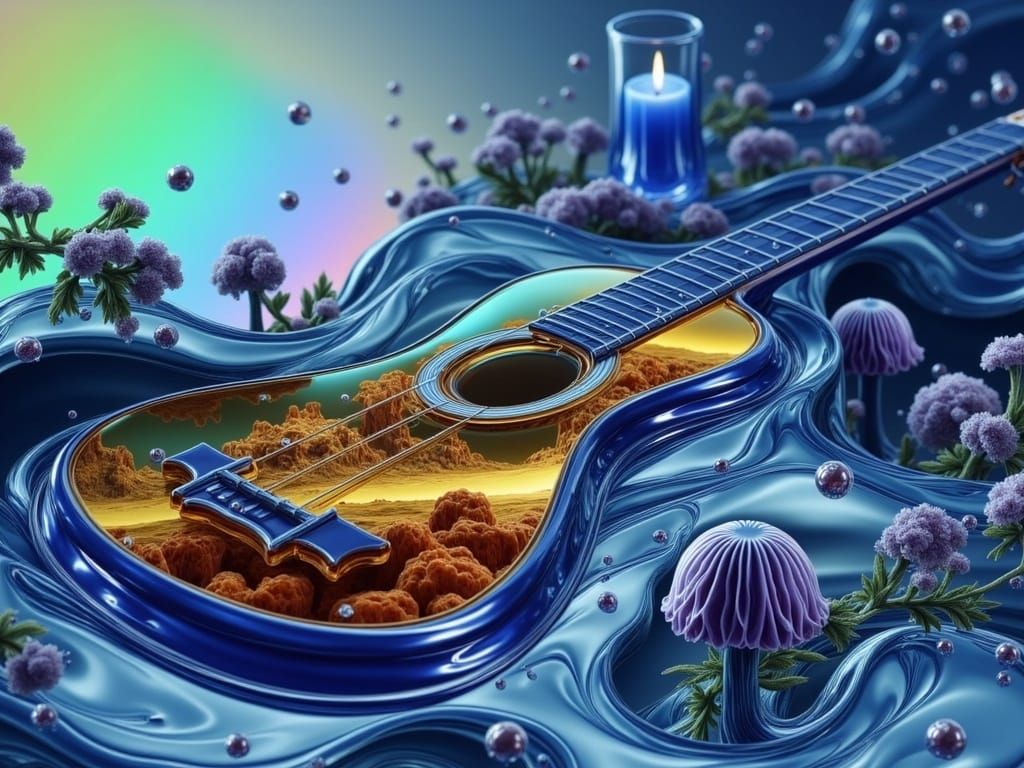 Surreal Open Face Guitar in Magical Desert Scene with Blue C...