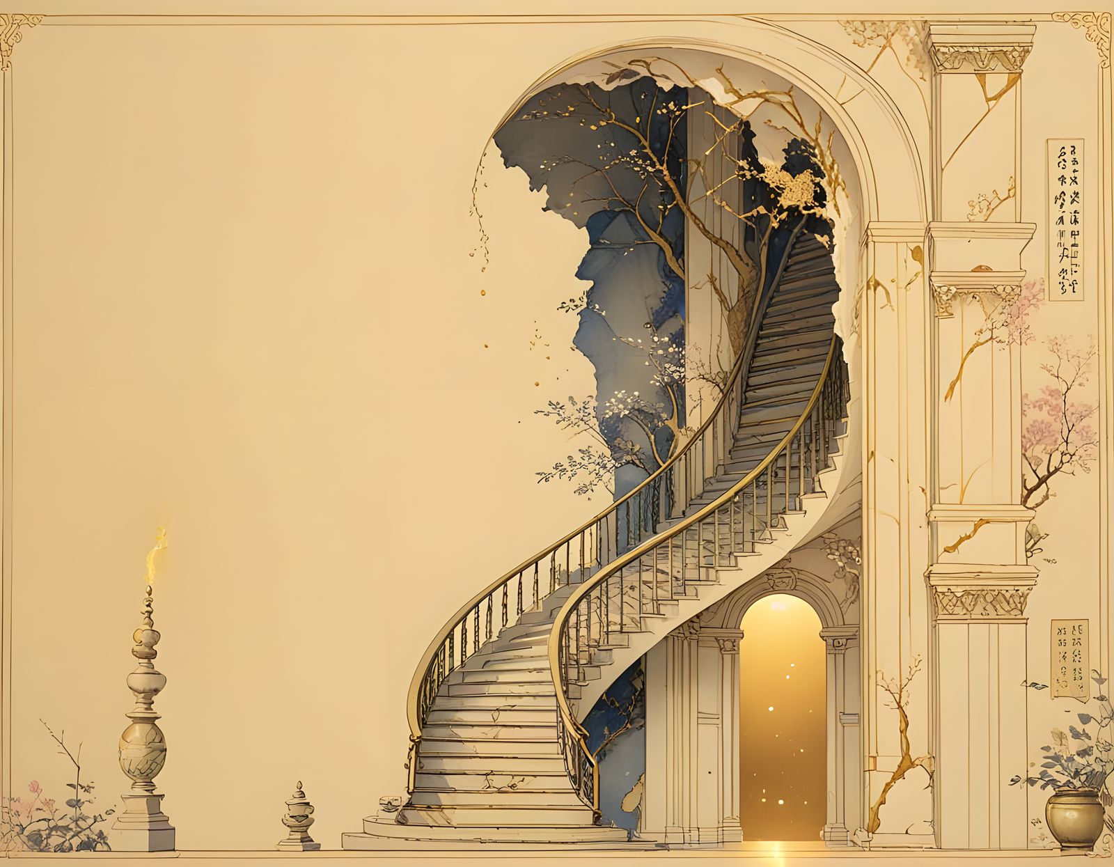 God's Staircase in Kintsugi Porcelain Style