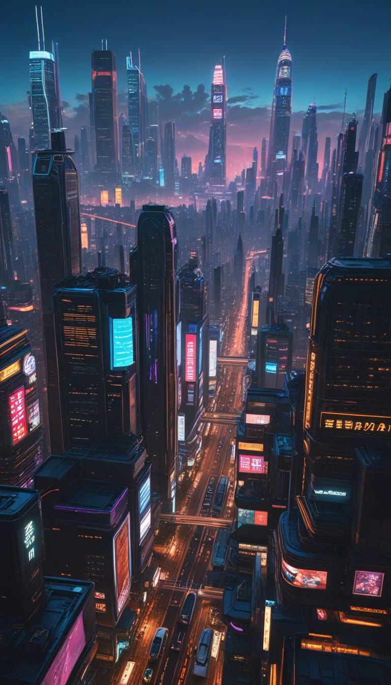 Cyberpunk Metropolis at Night with Flying Cars