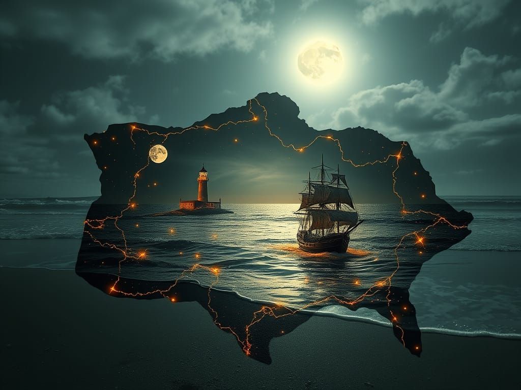 Ancient Treasure Map Dreamscape with Glowing Seascape