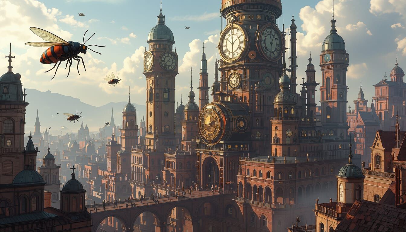 Steampunk City with Clockwork Automatons in Digital Art