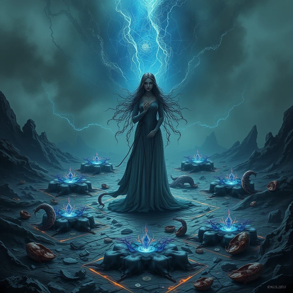 Mystical Woman Amidst Ruined Landscape in Dark Arcane Style