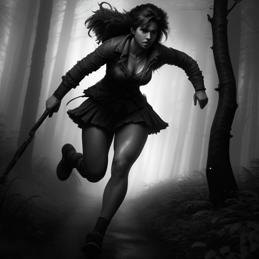 Frightened Woman Runs Through Misty Forest