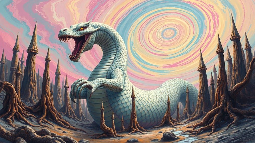 Serpentine Titan in a Surreal Colorful Landscape