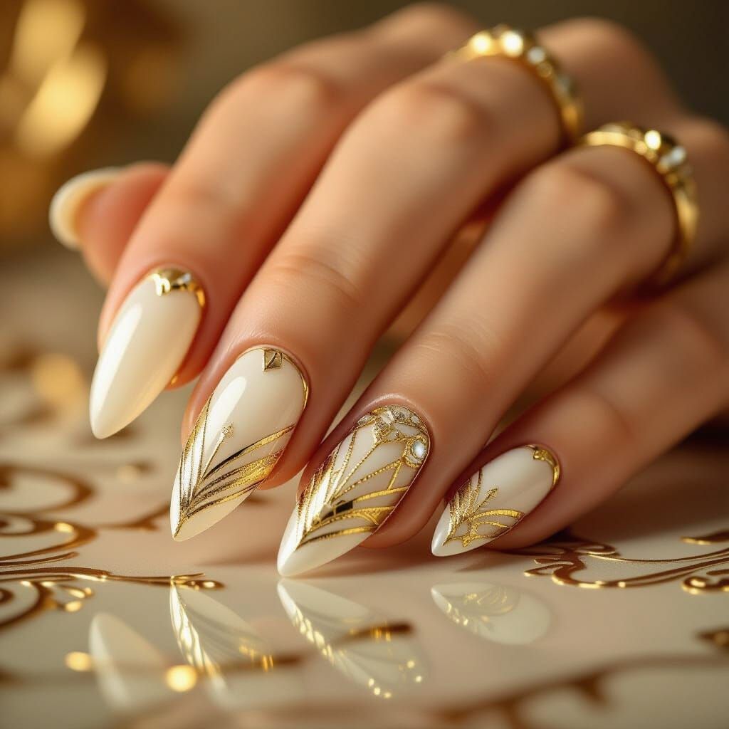 Art Deco Nails with Sculptural Gold Accents