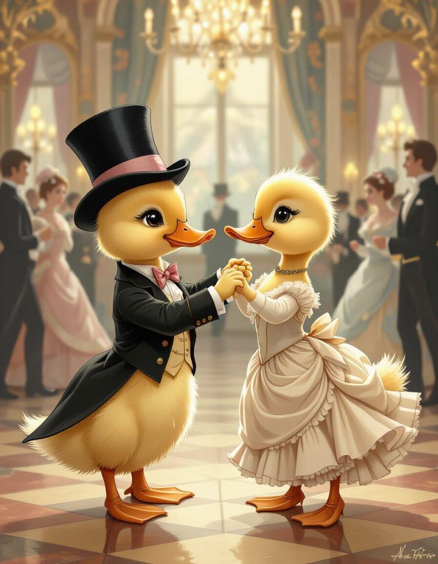Duckling Dances in Victorian Ballroom, Art Nouveau Style
