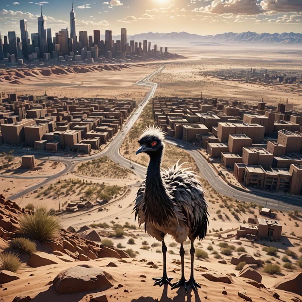Emu Gazing at Cityscape in Anime-Inspired 3D Art