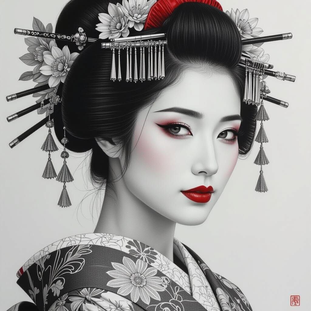 Hyperdetailed Geisha Portrait in Pencil